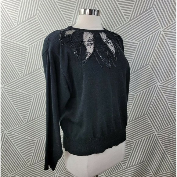 Vintage size Large Sweater Lace Cut out Sequin Dark Academia Black Goth alt - Picture 3 of 7
